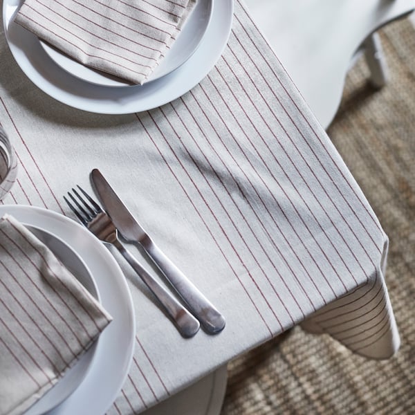A stripe pattern red/natural VIPPSTARR tablecloth