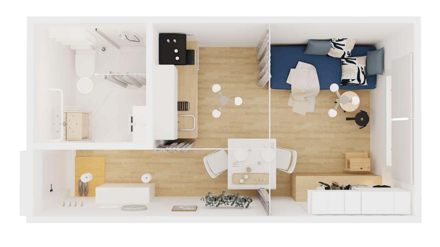 Grundriss einer Unterkunft in einem Container mit kleinem Bad, Kochniesche und Wohn-& Schlafbereich mit dem Bett als Sofa.