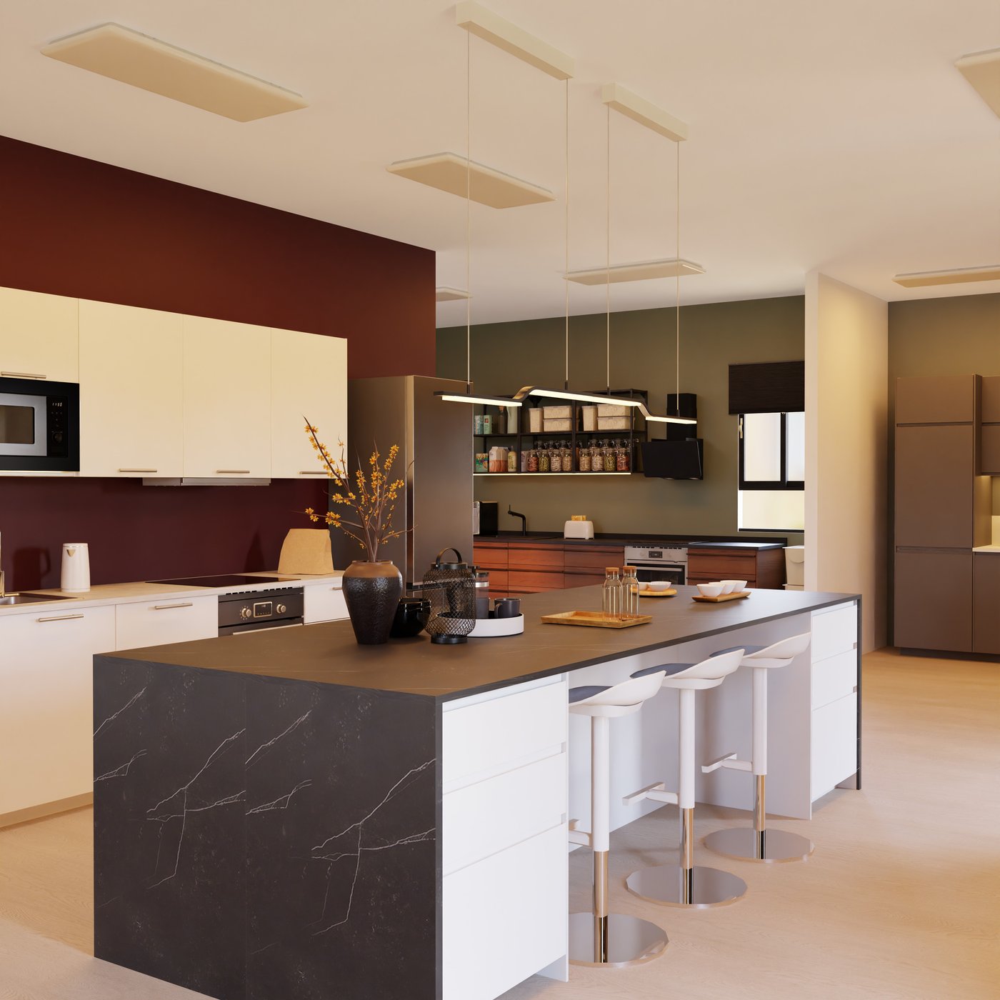 Moderne Küche mit weiß-roten Wänden, großer Kücheninsel mit dunkler Platte und Barhockern, sowie Regalen und Geräten. Heller Holzboden.