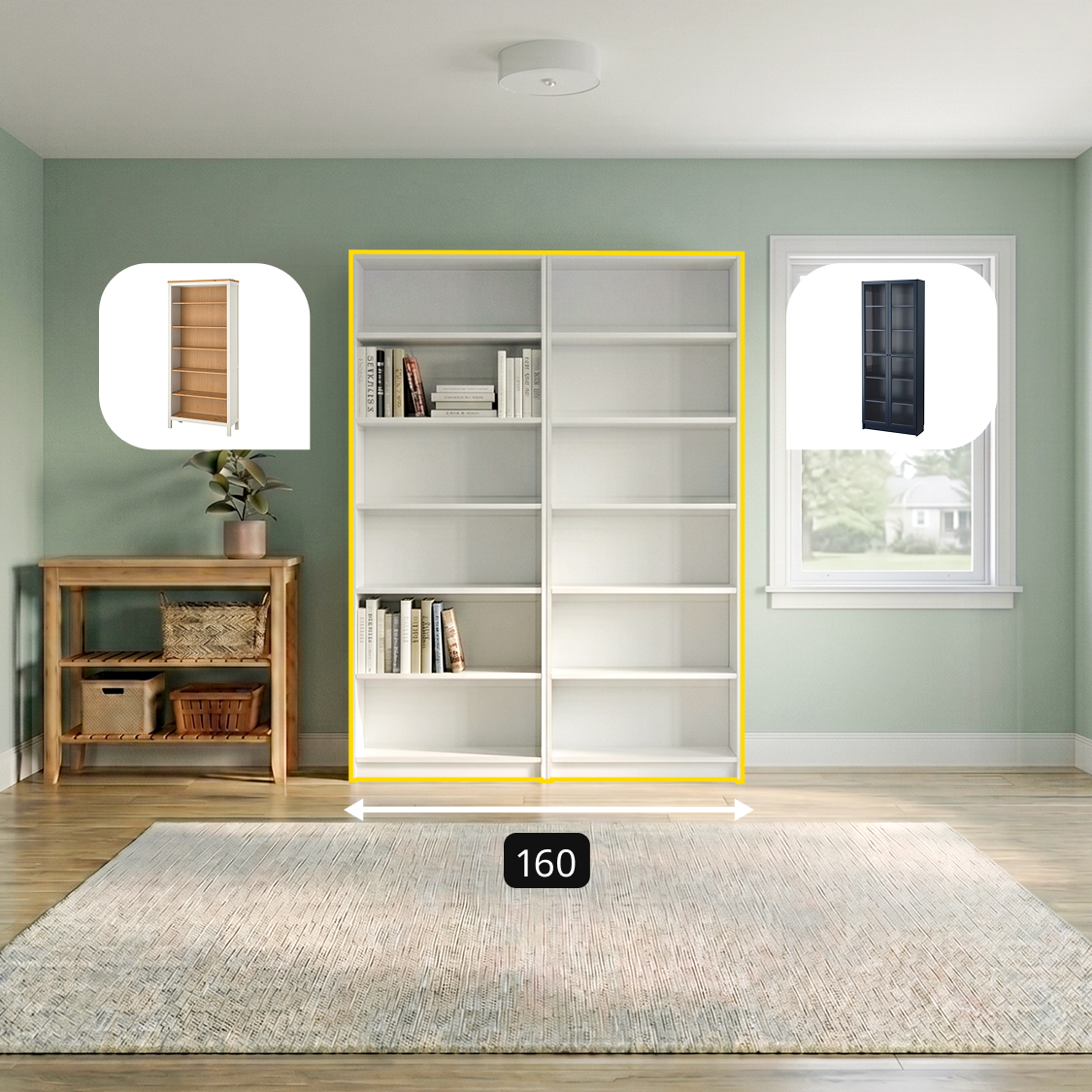 A bedroom scene in IKEA Kreativ, with a wardrobe highlighted by a yellow outline.