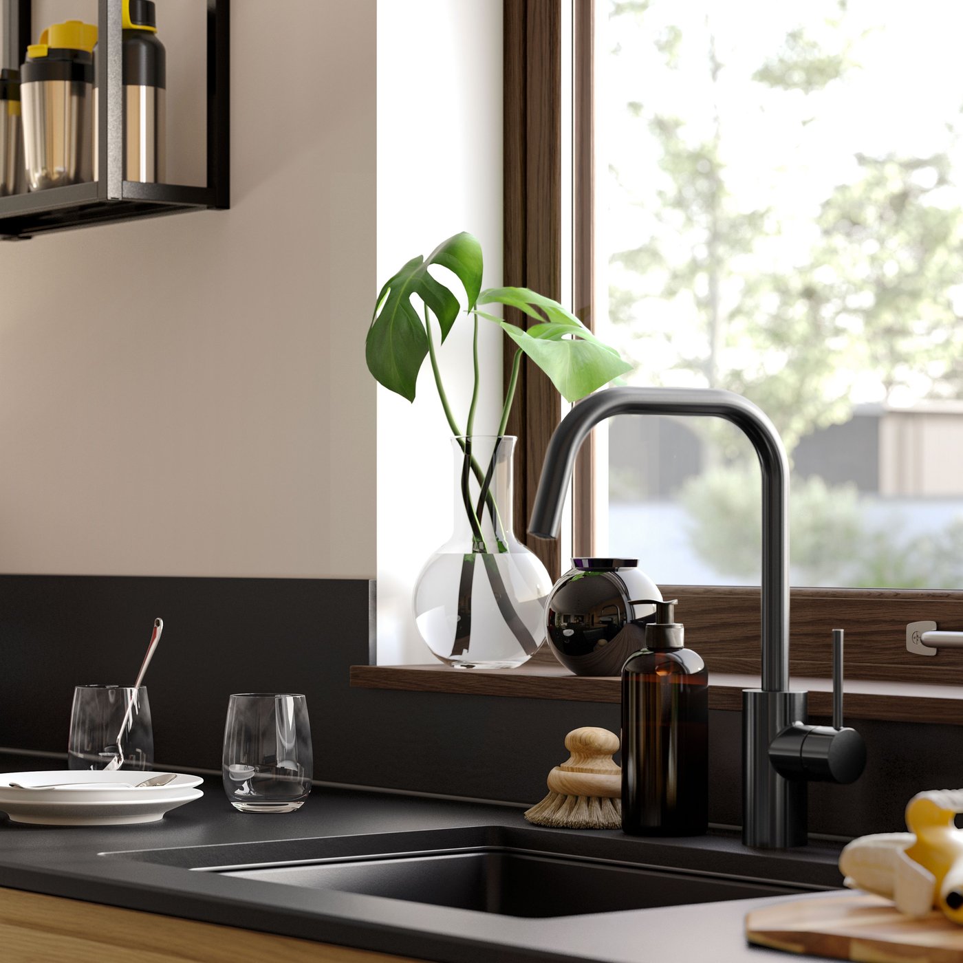 A kitchen with MÖCKLARP/RUNSBÄCK high pressure porcelain worktop and a matching wall panel, and sink area and a tap.