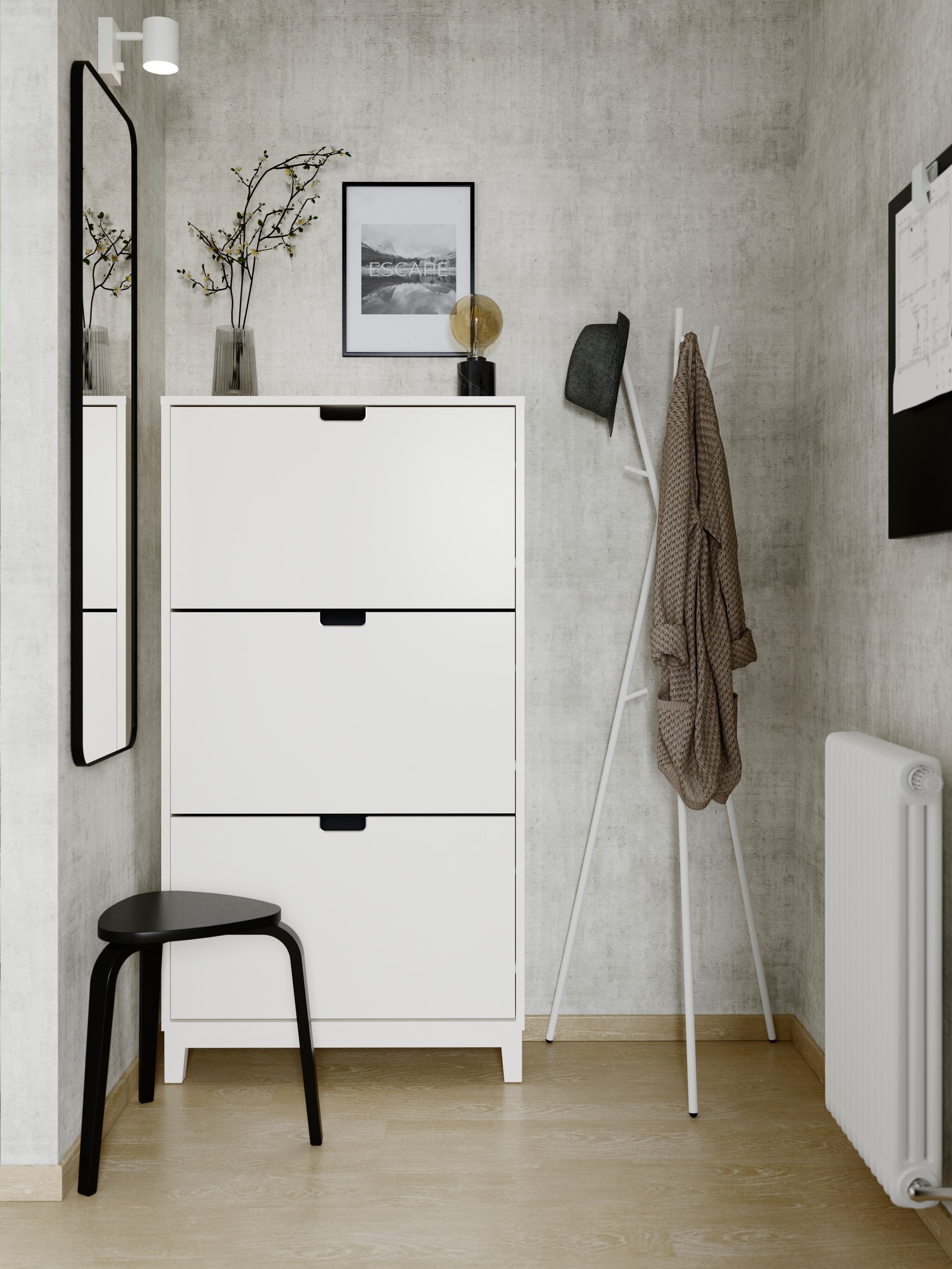 Zapatero STÄLL blanco con tres compartimentos abatibles y diseño estrecho ideal para pasillos.