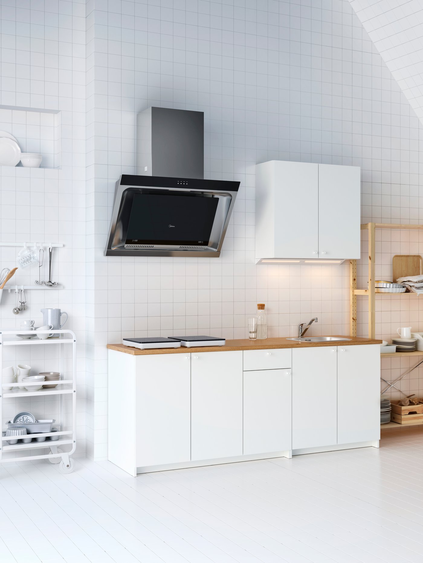 Kitchen with furniture set, storage unit with shelves, trolley, wall mounted extractor hood, cooking utensils, sink, tap.