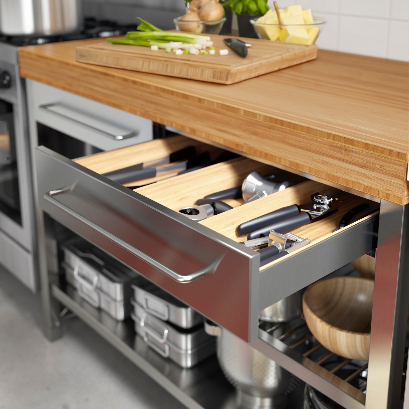 A stainless steel/bamboo RIMFORSA work bench