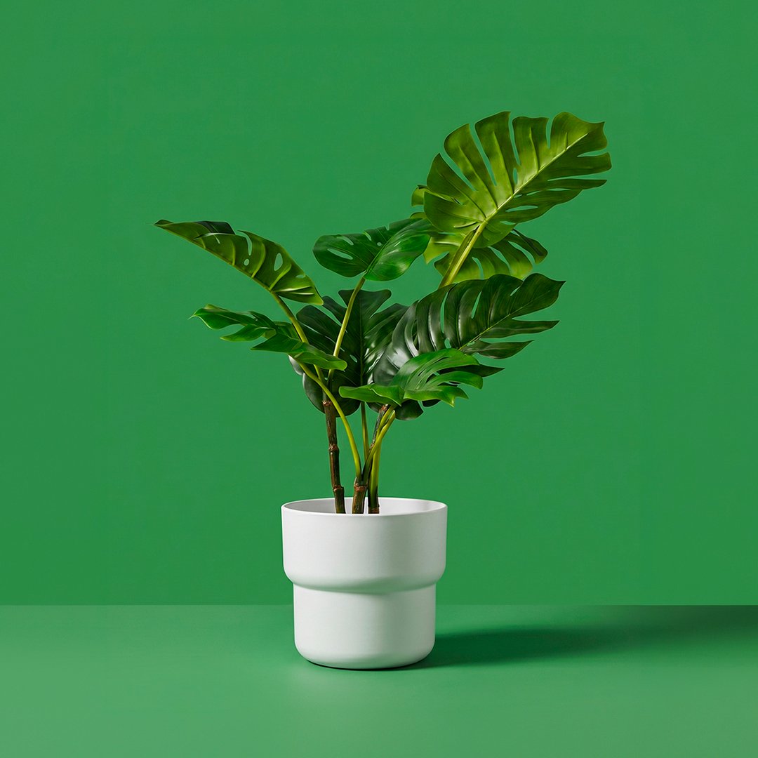 Plante verte dans un cache-pot blanc sur fond vert