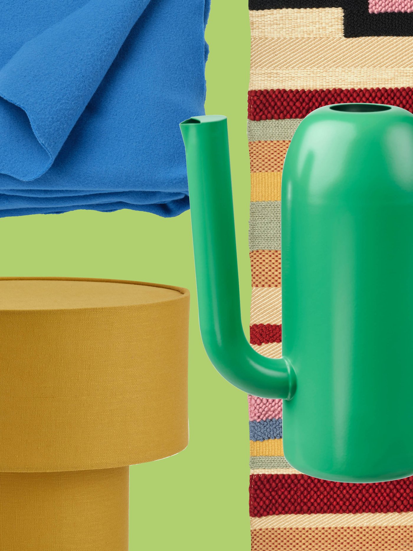 A playful mix of a bright blue throw, a colourful woven rug, a cylindrical lampshade and a bold green IKEA vase creates a lively, cheerful atmosphere.