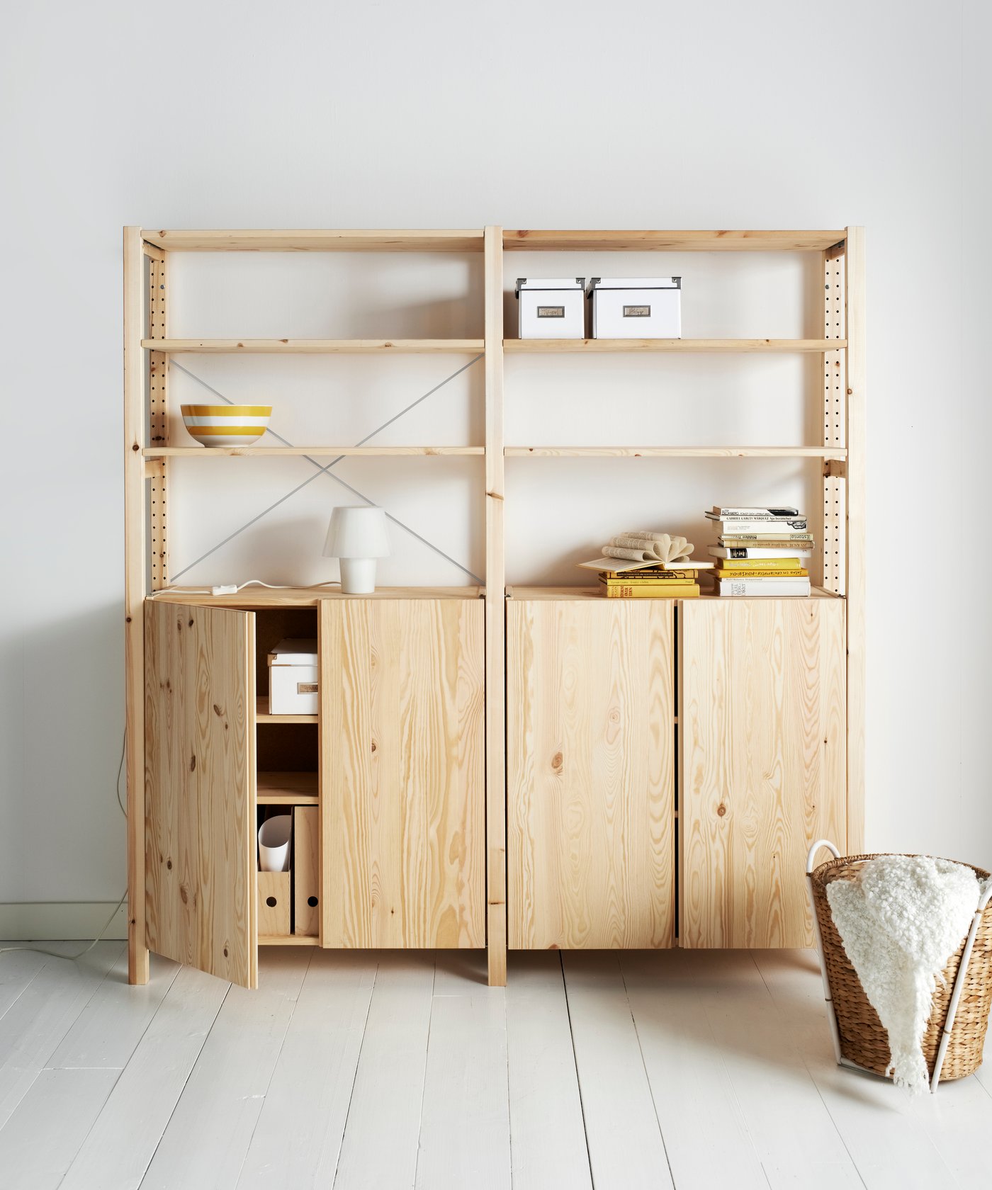 A pine IVAR 2 sections/shelves/cabinet