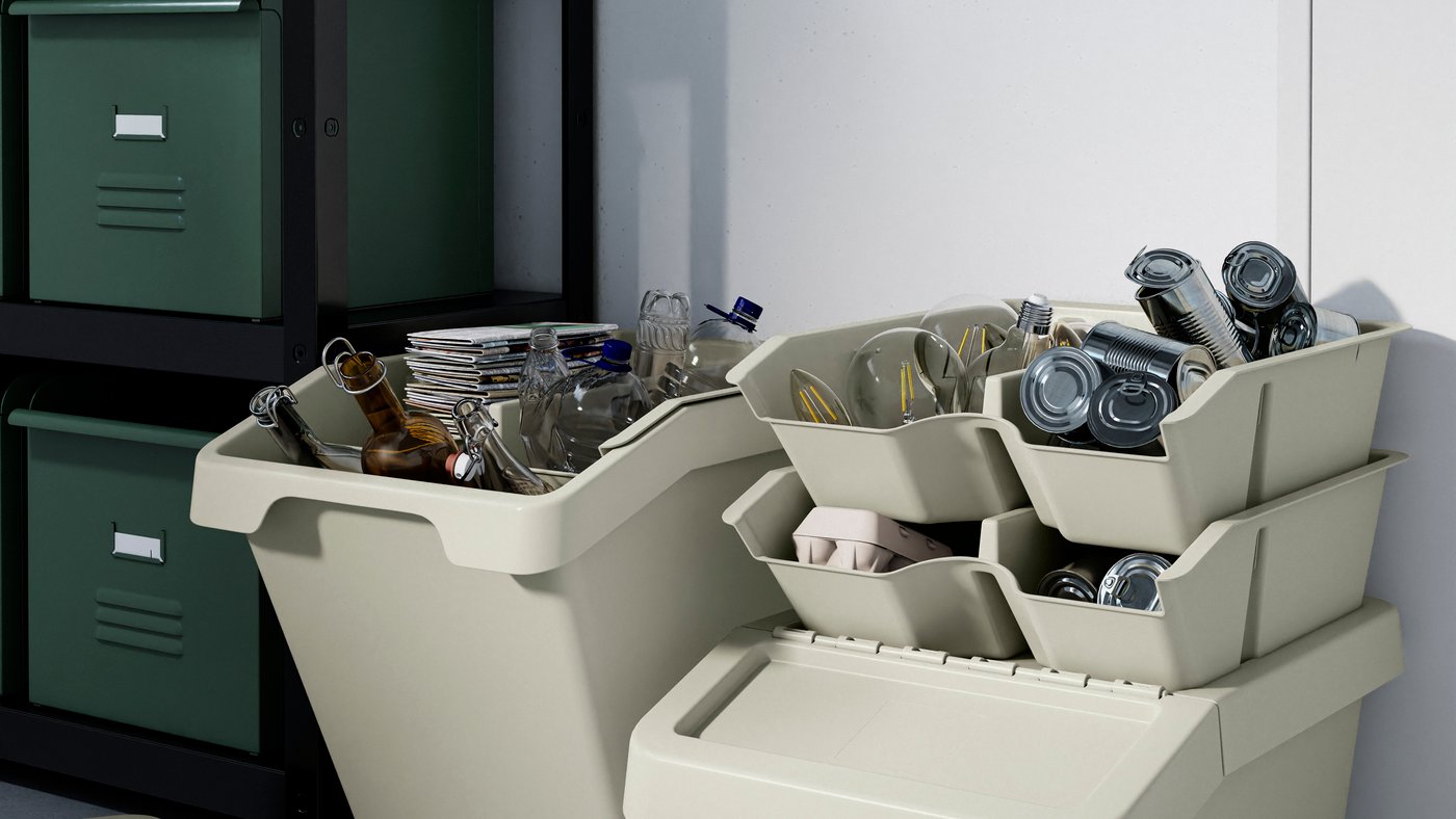 SORTERA storage boxes with bottles, lamps and metal items