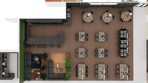Grundriss eines Restaurants aus der Vogelperspektive. Links eine Bar mit umlaufender Theke, davor ein Loungebereich mit Sofas. Rechts mehrere Essplatzgruppen für unterschiedliche Personenanzahlen.