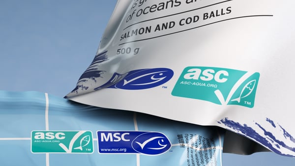 The Marine Stewardship Council and Aquaculture Stewardship Council logos on a packet of HUVUDROLL salmon and cod balls.