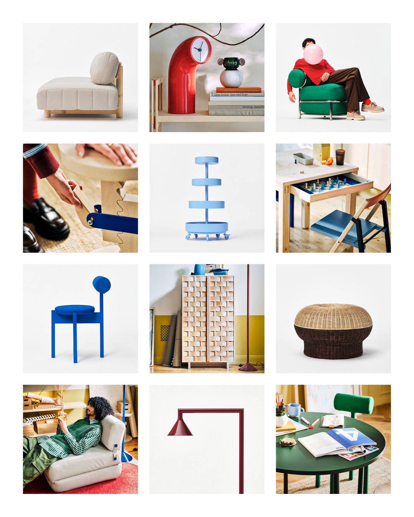 Monta pientä kuvaa IKEA PS 2026 -malliston tuotteista kuvattuna valkoisessa studiossa.