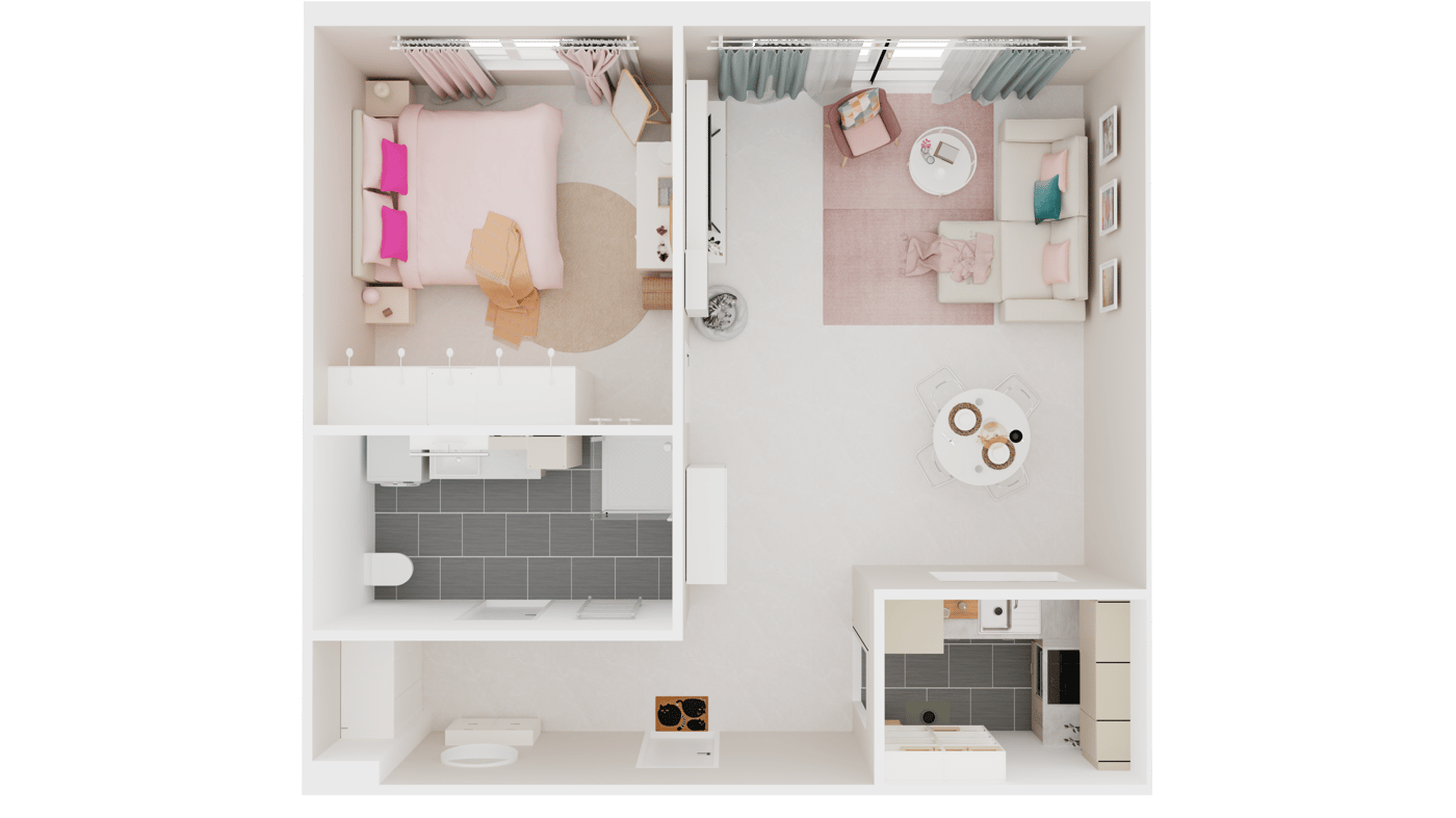 Grundriss einer Zweizimmerwohnung mit Bad und Küche und großem Flur.