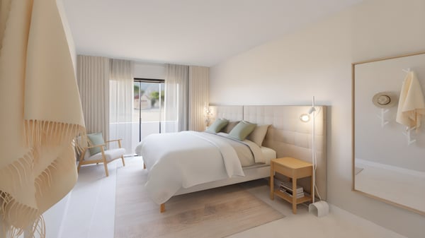 Projeto de Design de interiores com cama de casal com cabeceira RYKKINN