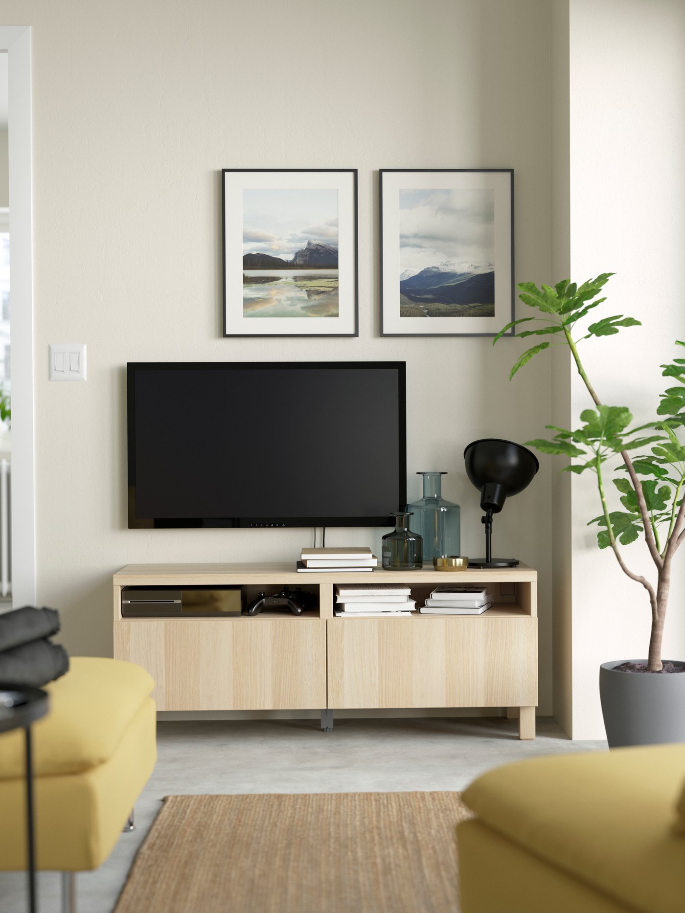 A white stained oak effect/Lappviken/Stubbarp white stained oak effect BESTÅ TV bench with drawers