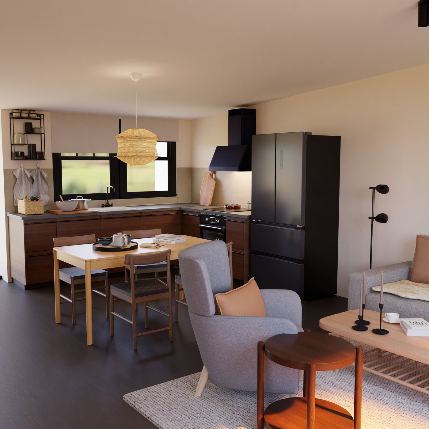 L-Küche aus dunklem Holz mit großem Kühlschrank und dem Essplatz davor.