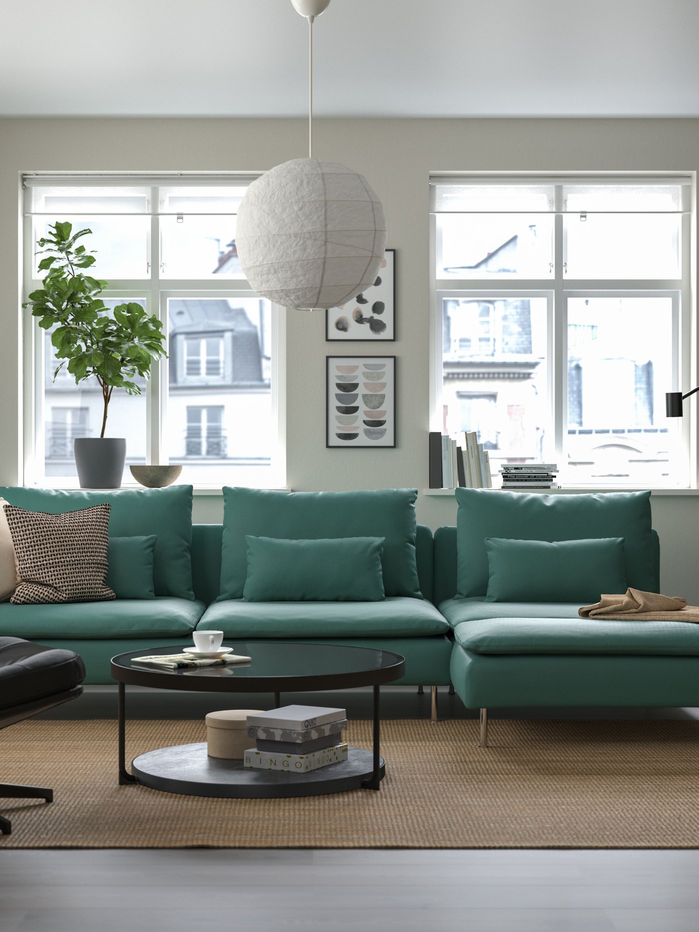 An and open end Kelinge/grey-turquoise SÖDERHAMN 4-seat sofa with chaise longue