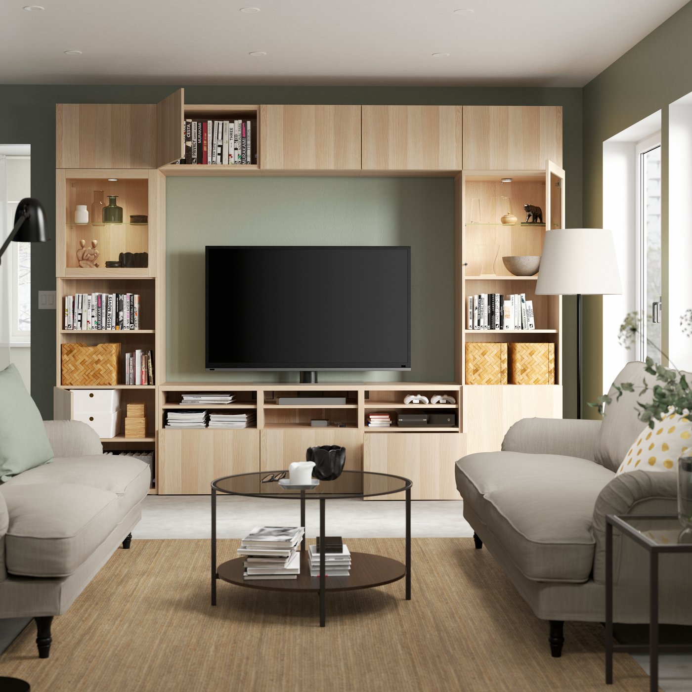A white stained oak effect/Lappviken white stained oak eff clear glass BESTÅ TV storage combination/glass doors in the living room