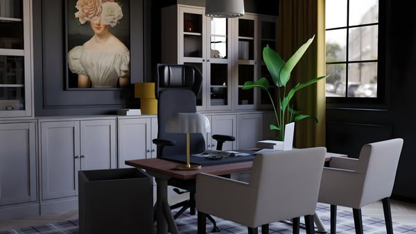 An office setting with a desk and office chair and two conference chairs placed in front. On the table sits an opal white glass/brass-plated AKTERSPRING table lamp.