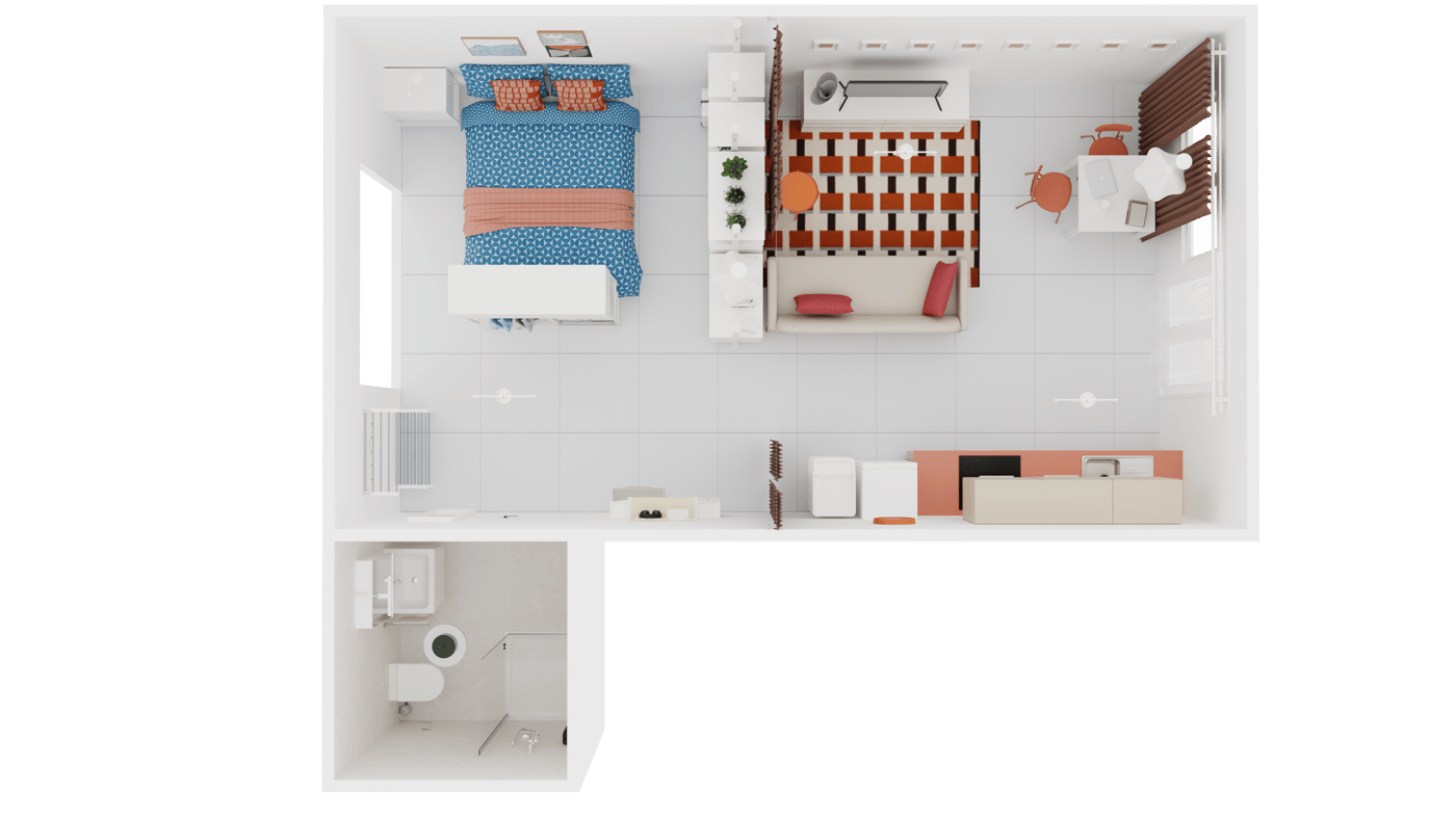 Grundriss einer Einliegerwohnung mit weißem Boden und separaten Bad. 