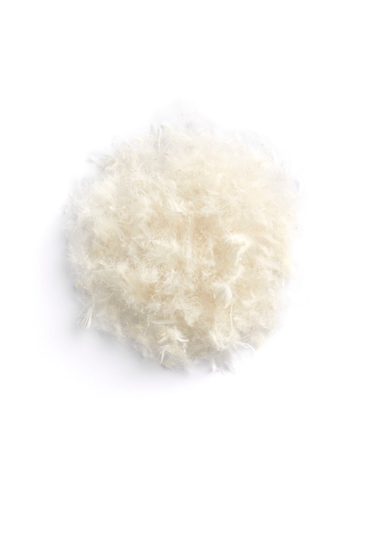Kłębki puchu ułożone w okrąg na białym tle.