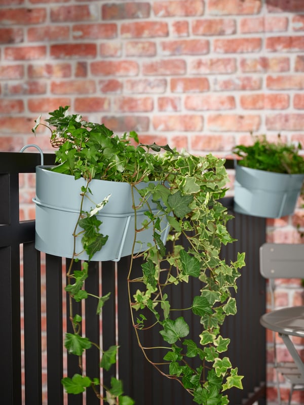 Balcón con soporte para planta azul celeste.