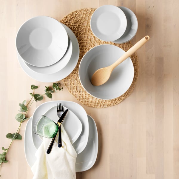 A white IKEA 365+ 18-piece service dinnerware set