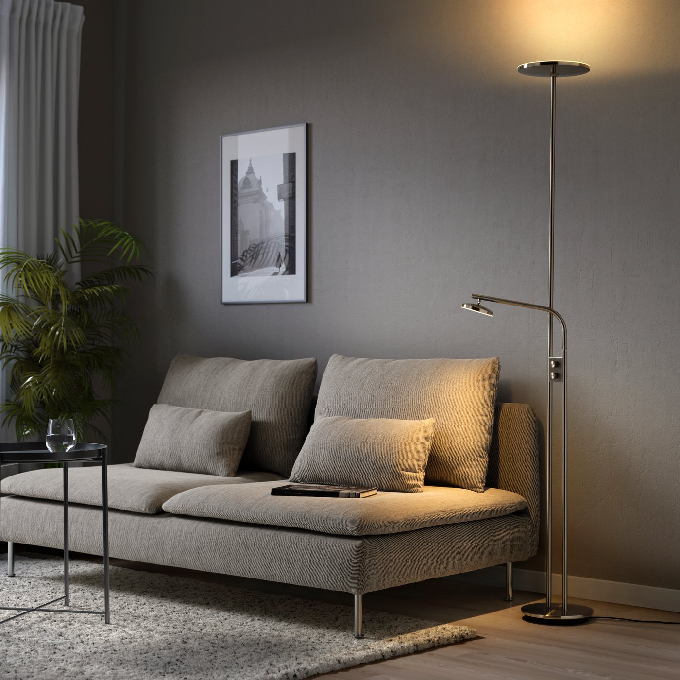 A dimmable/nickel-plated ISJAKT LED floor uplighter/reading lamp