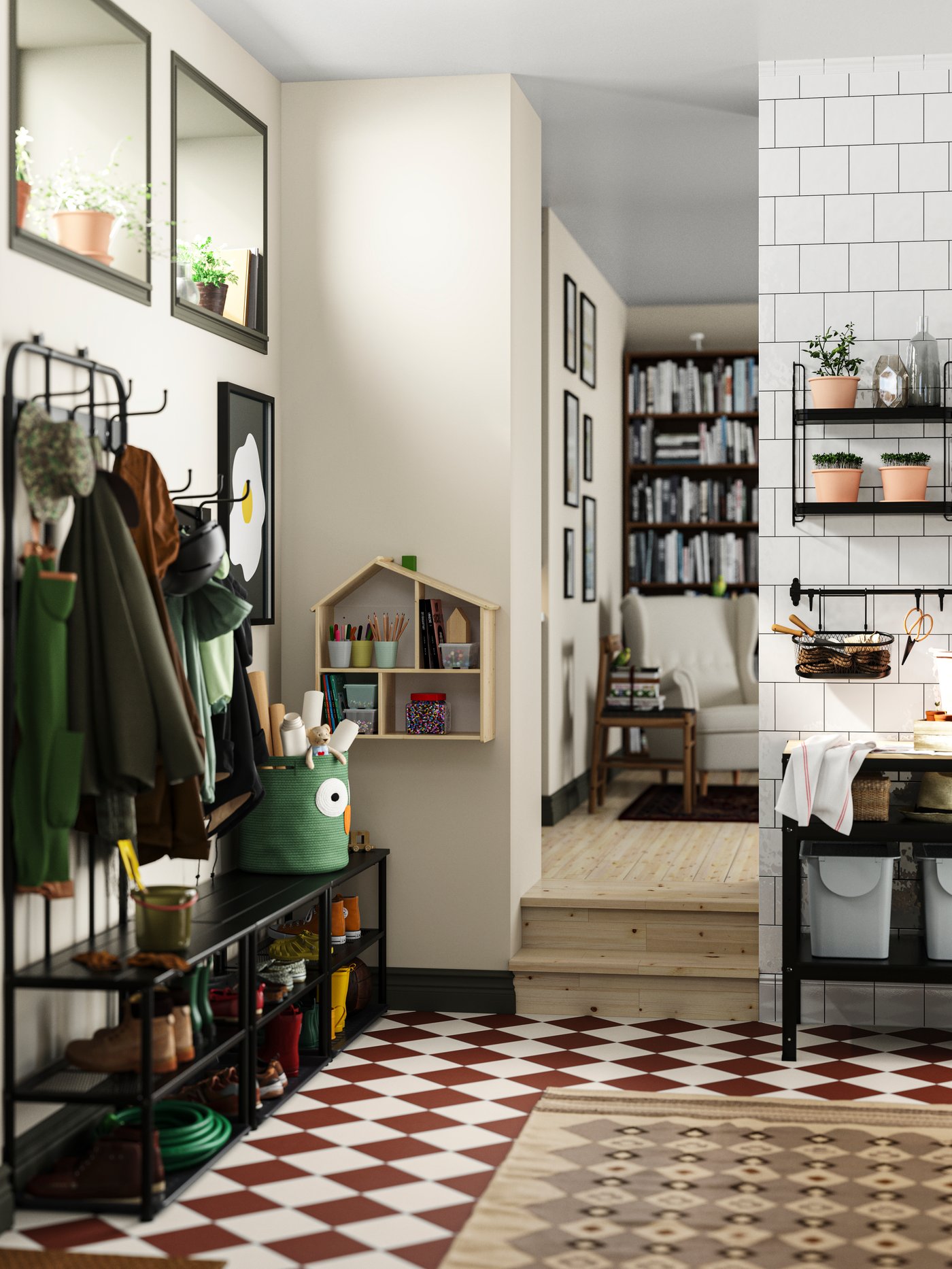 Big hallway with stairs leading up to a another room in the back. Red/white tile floor, coat racks, benches and a work bench.