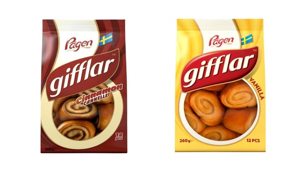 Emballages de brioches Pågen GIFFLAR à la cannelle et à la vanille présentés côte à côte sur fond clair.