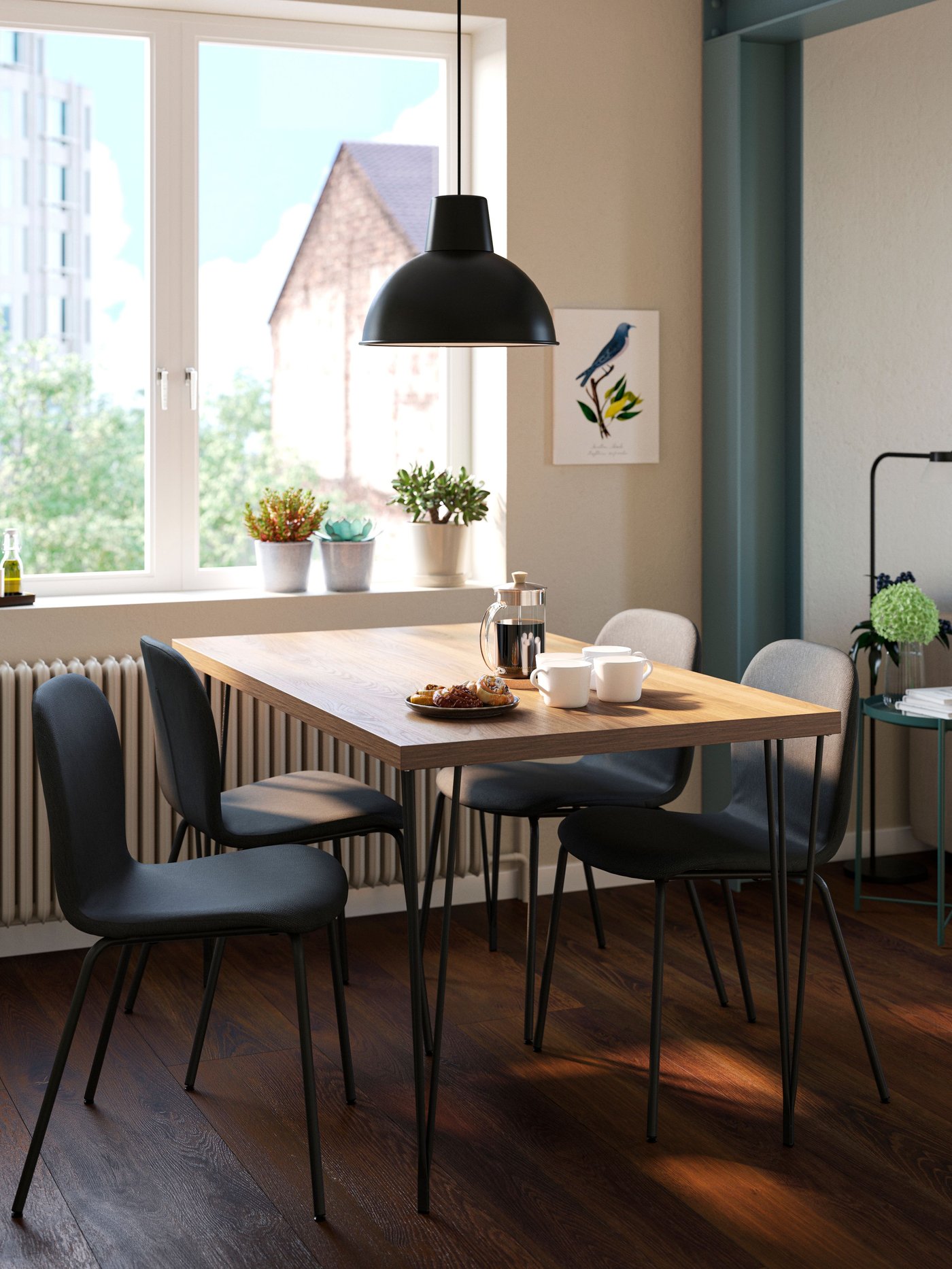 A walnut effect/hairpin black-grey SKÅLSTA table