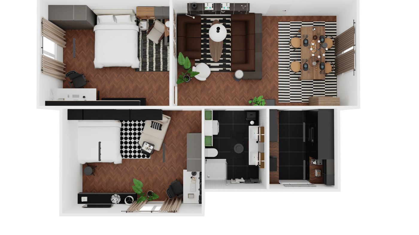 Grundriss einer WG mit dunklem Boden und hochwertigen Möbeln 