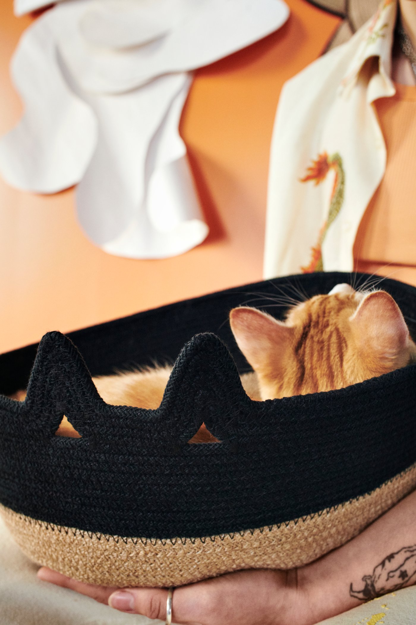 Detalle de una canasta MÄVINN de color natural/negra con la cabeza de un gato naranja y blanco sobresaliendo.