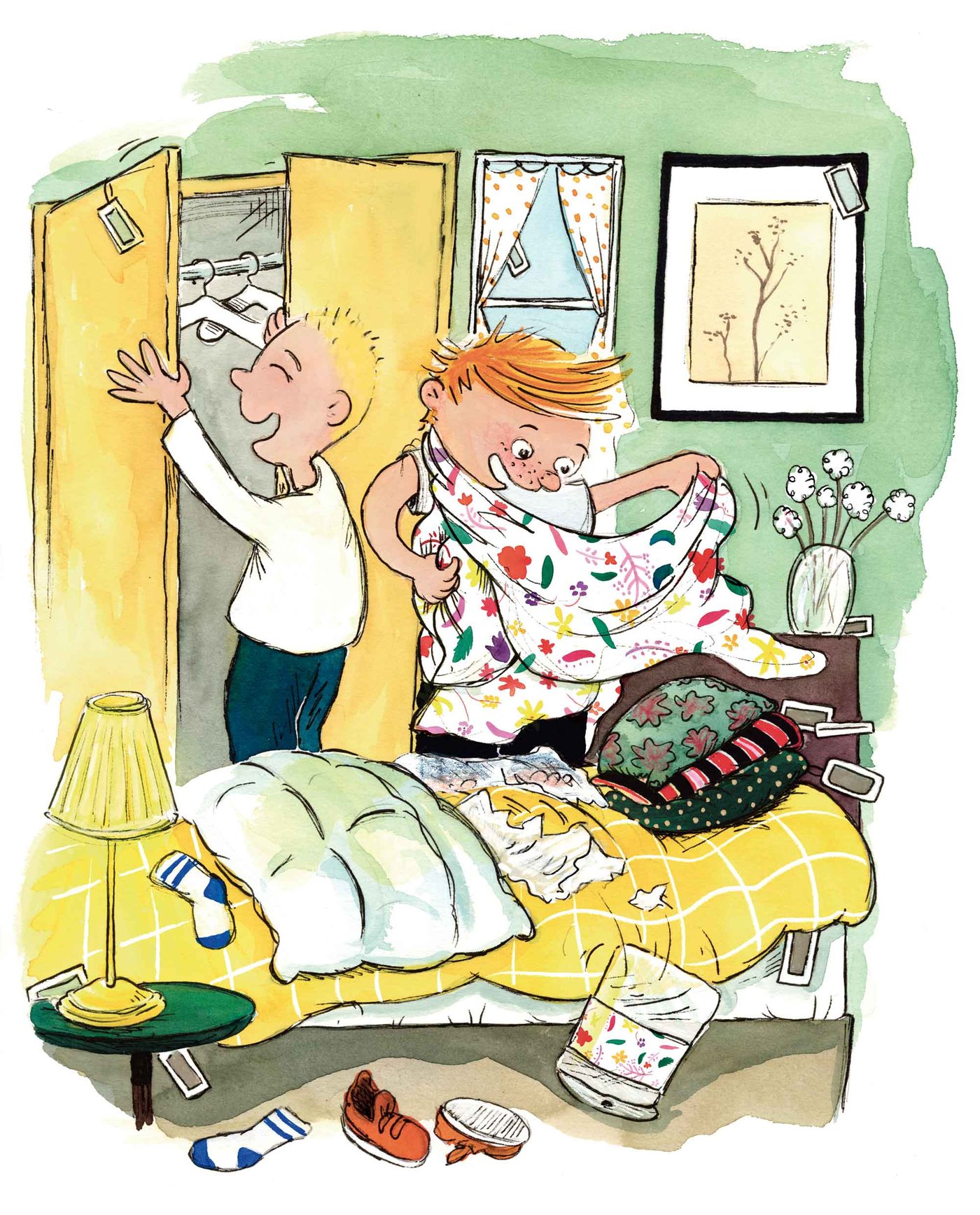 Illustration fra Villads fra Valby flytter ind, hvor Villads ses i et værelse med rod omkring sig.