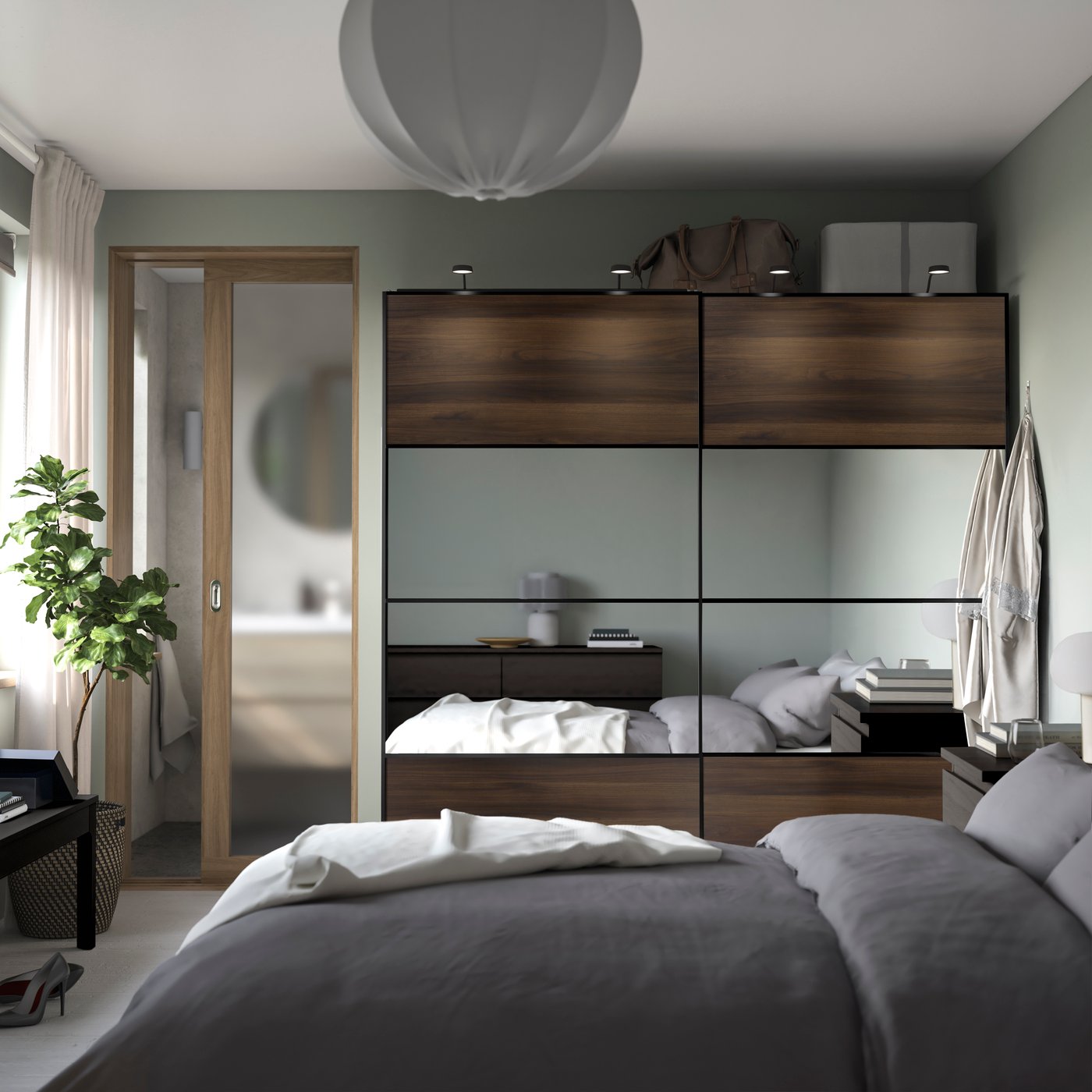 IKEA PAX / MEHAMN/AULI garderob med skjutdörrar, gråbeige svart/mörkbrun ekmönstrad spegelglas, 200x66x201 cm