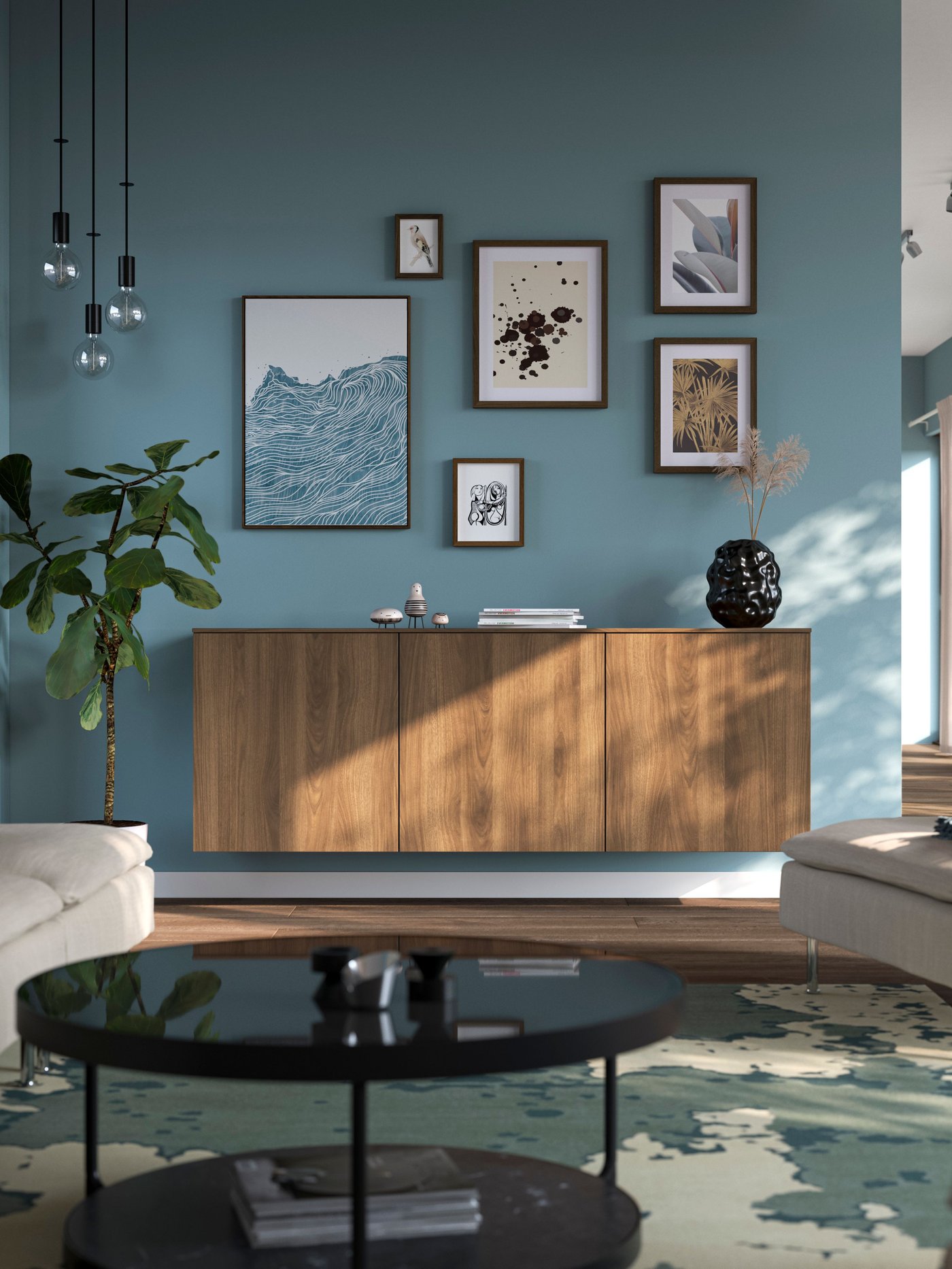 A black-brown Lappviken/brown walnut effect BESTÅ wall-mounted cabinet combination in the living room