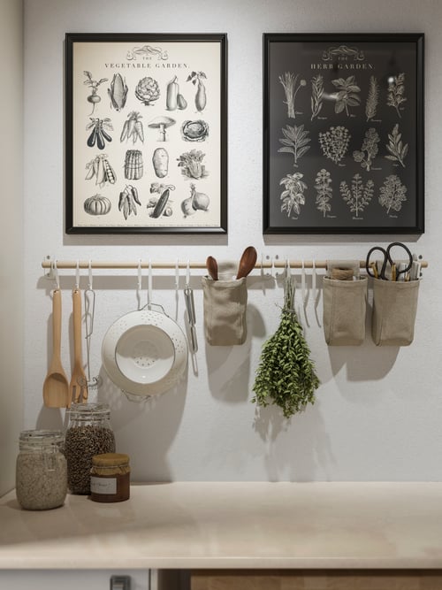 Kitchen with a rail holding utensils in containers, and two black picture frames with posters with vegetables and plants.