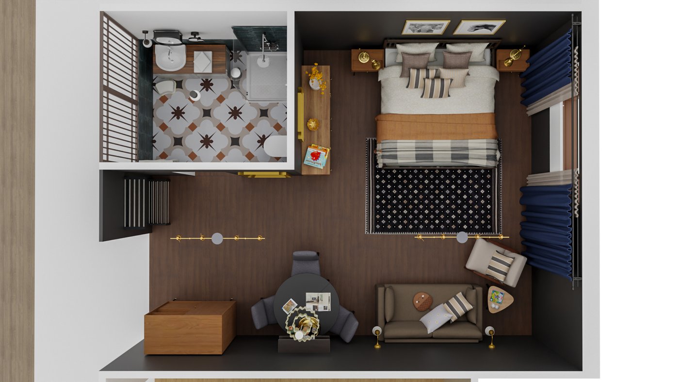 Grundriss eines Hotelzimmers mit angeschlossenem Bad. Im unteren Teil ein Kleiderschrank, eine Sitzgruppe und ein Sofa. Im oberen linken Teil ein Badezimmer mit Waschtisch, Dusche und Toilette. Im oberen rechten Teil ein Doppelbett mit zwei Nachttischen und einer Kommode.