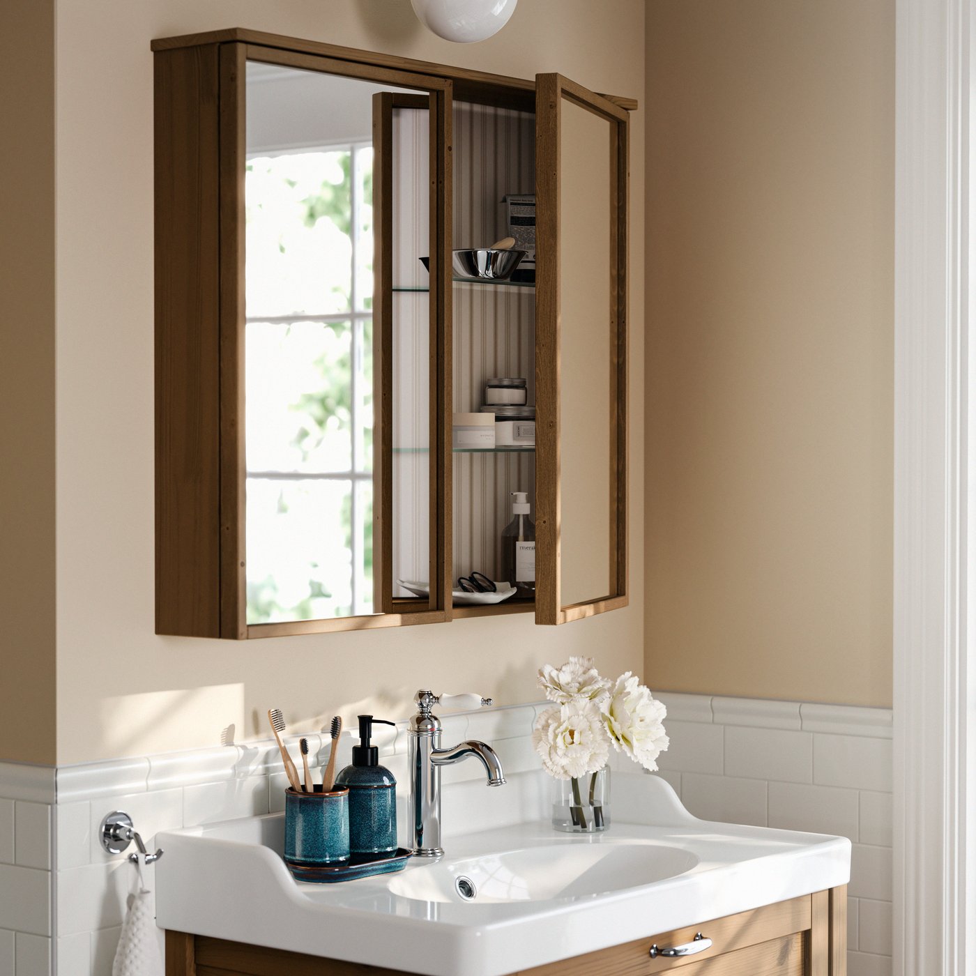 A bathroom with a VIDVESSEL mirror cabinet, a VIDVESSEL wash stand and a white basin, set against white tiles and beige walls.