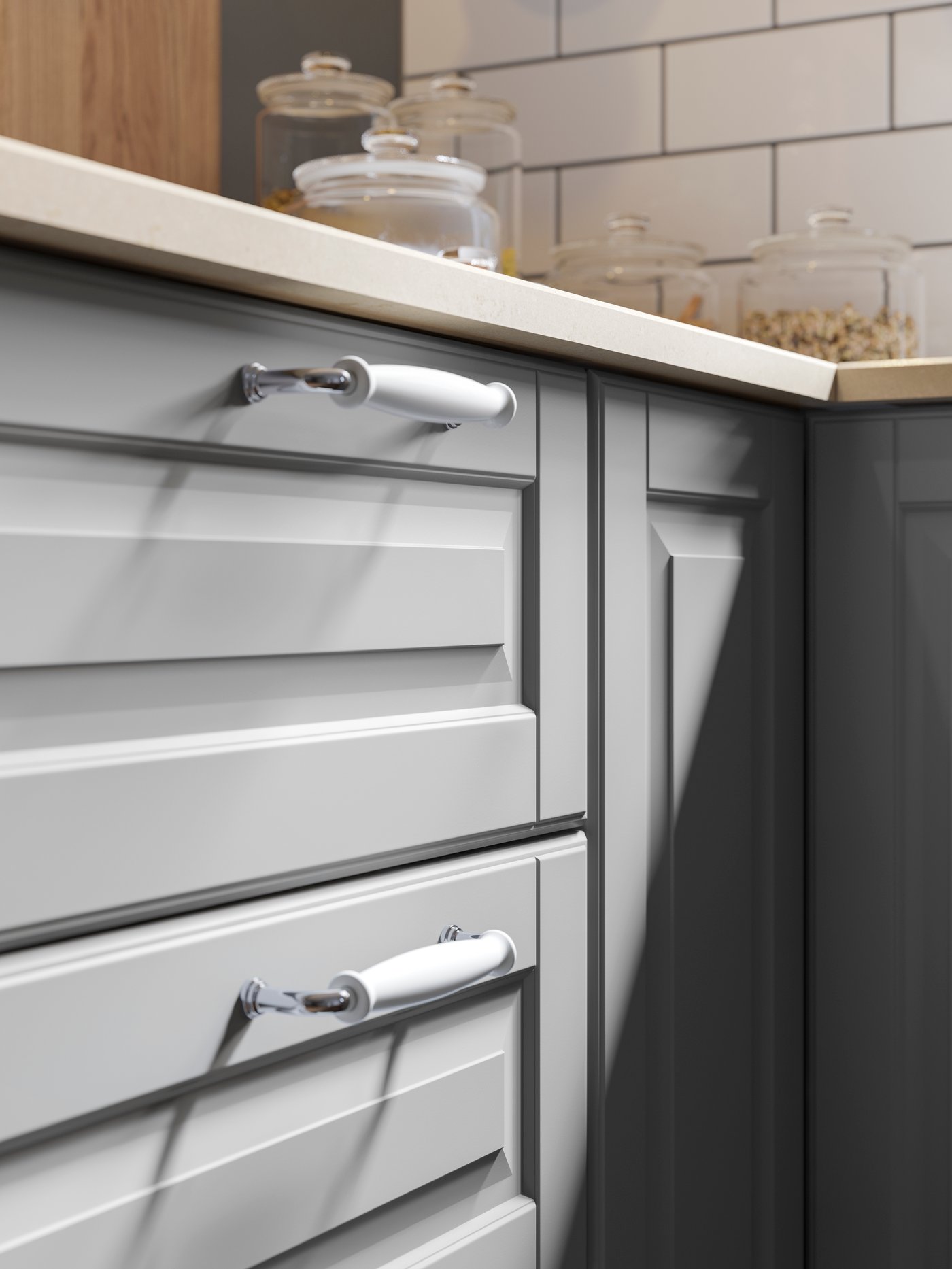 A grey BODBYN drawer front in the kitchen