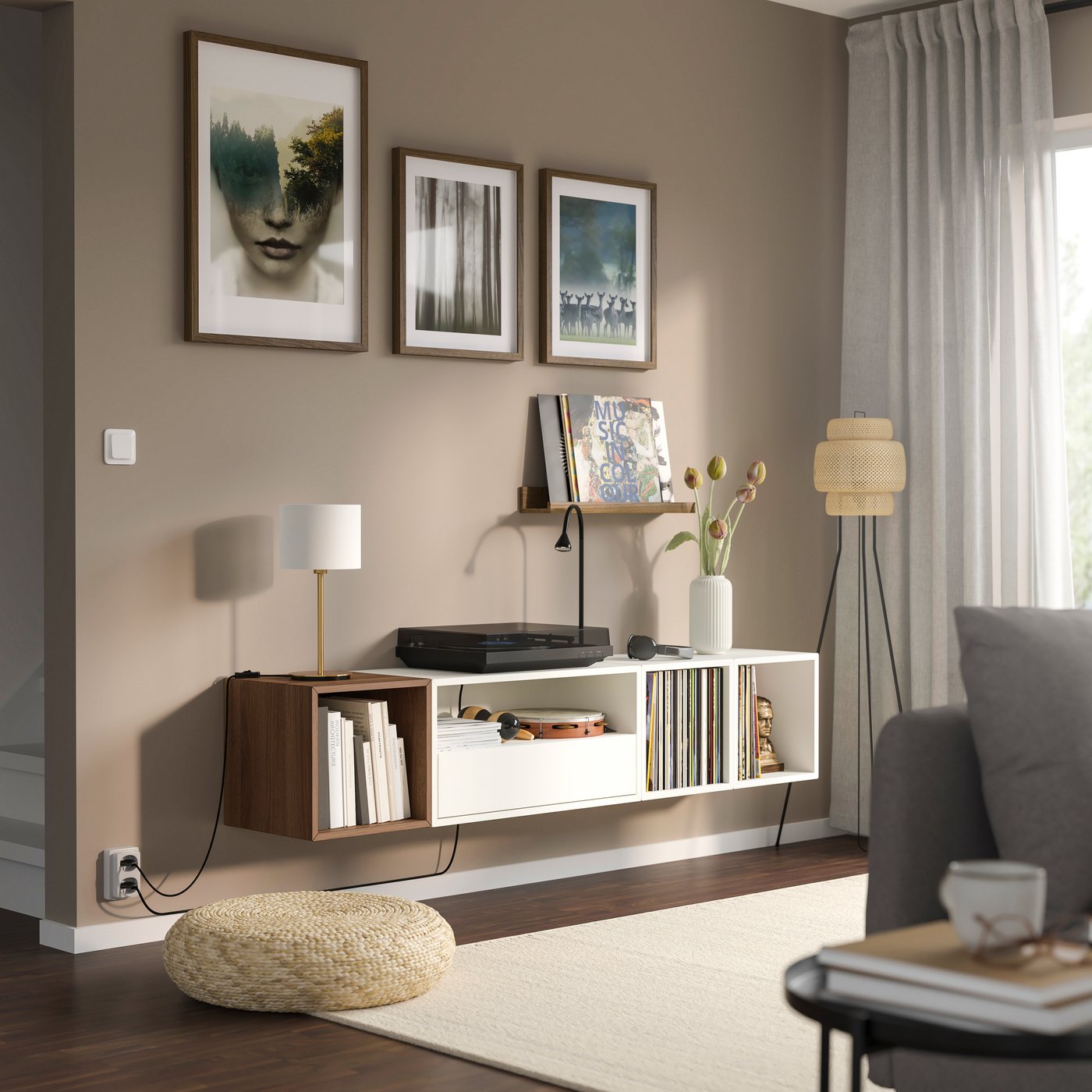 A white/brown walnut effect EKET media storage combination