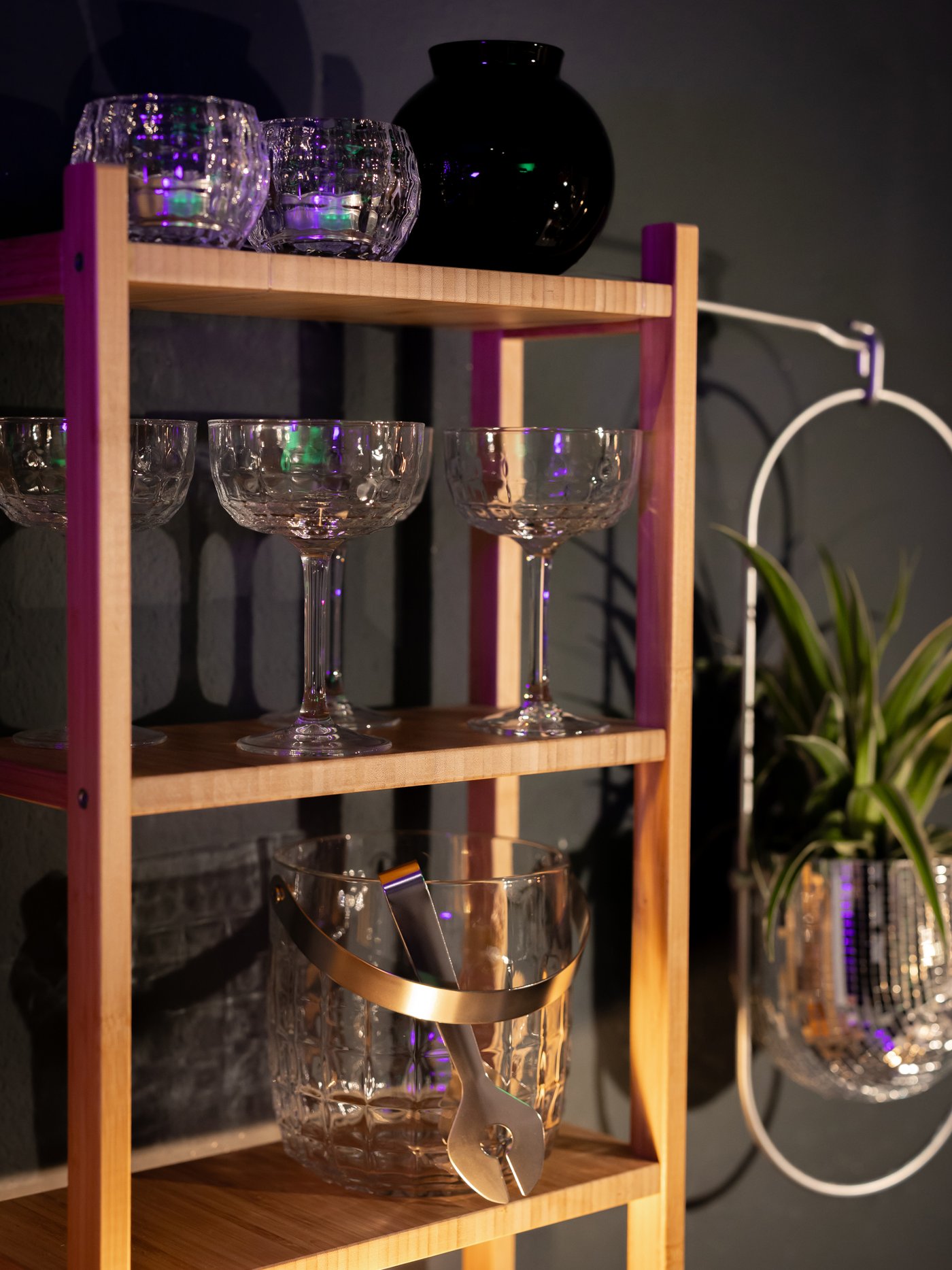 A clear glass/stainless steel FRÖJDA ice bucket with tongs