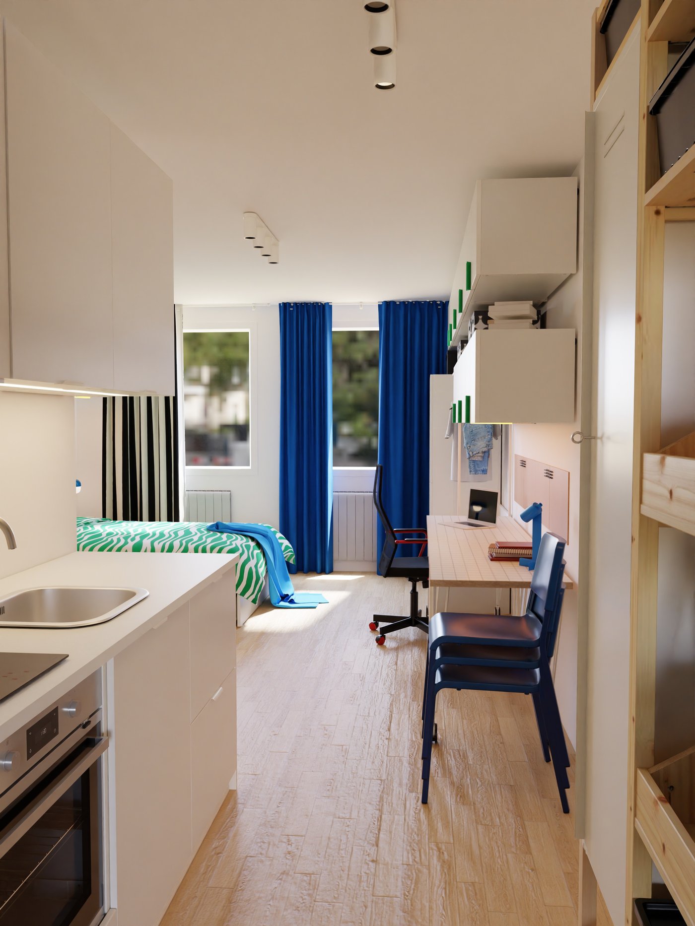 Blick aus der kleinen Küche in den Wohnraum.