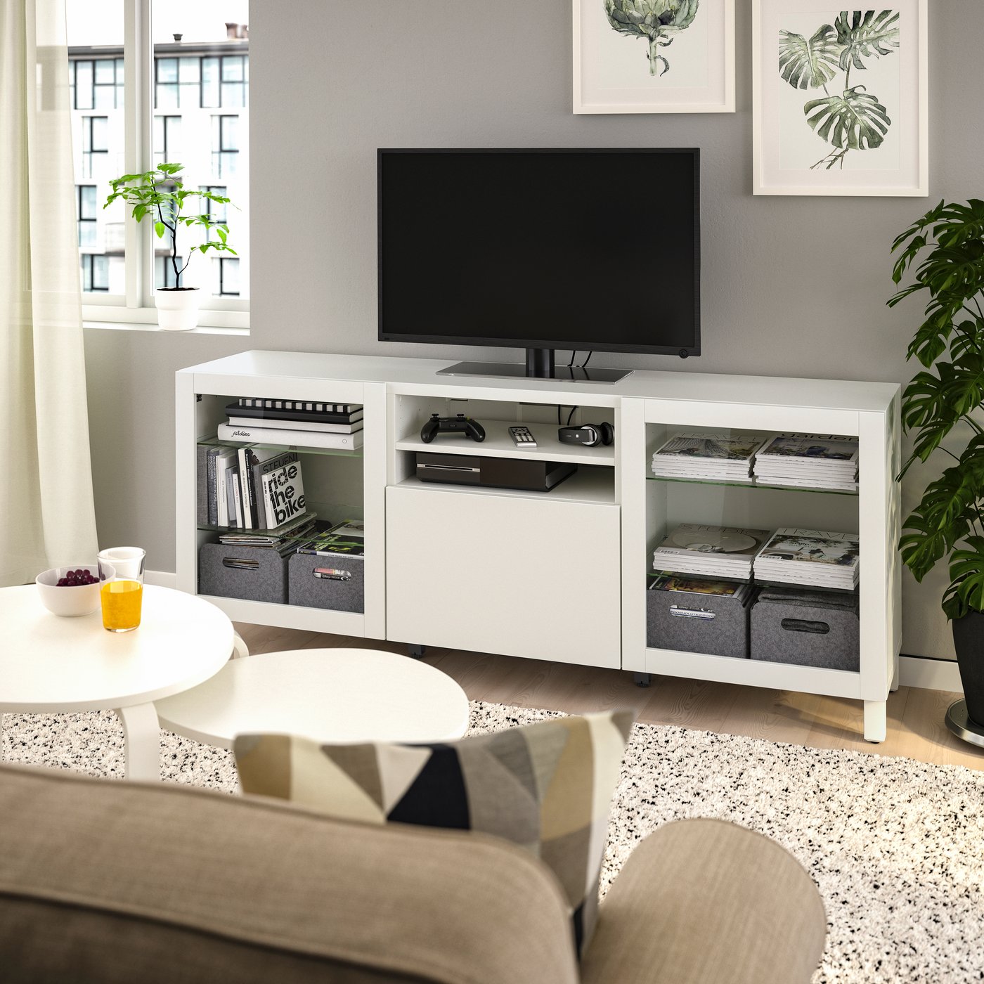 A white/Lappviken/Stubbarp Sindvik BESTÅ TV bench with doors and drawers
