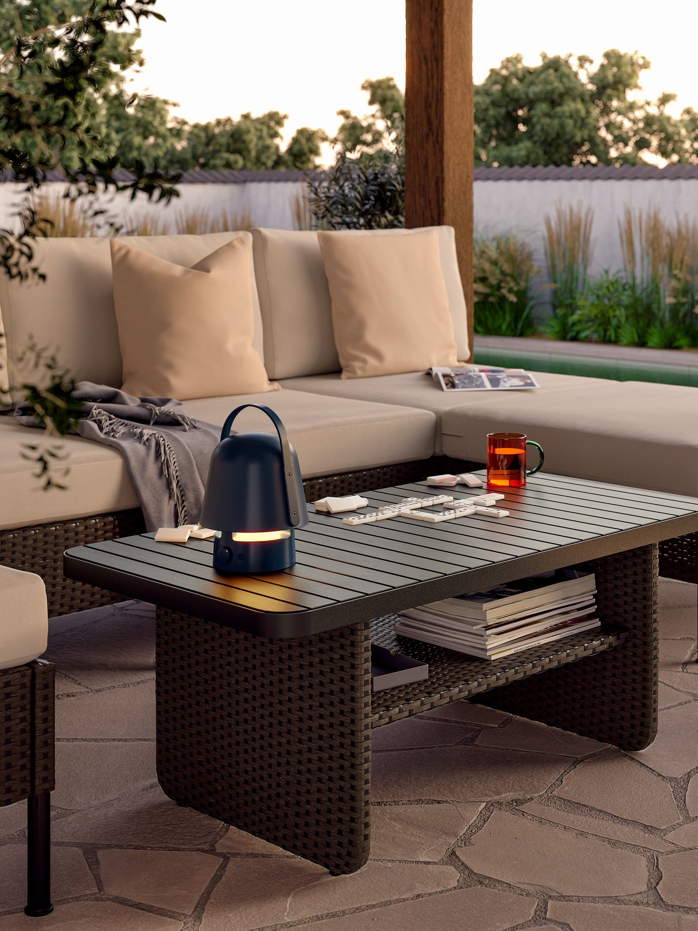 A light grey-beige outdoor/indoor HJÄRTERÖ cushion cover outside