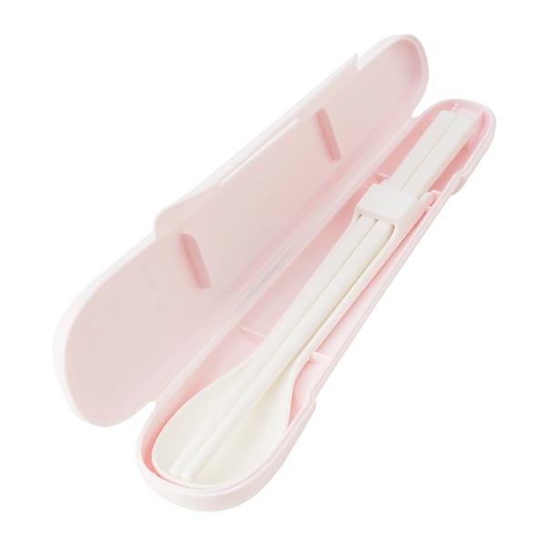 A pink MIDDAGSGÄST chopsticks and spoon set with case