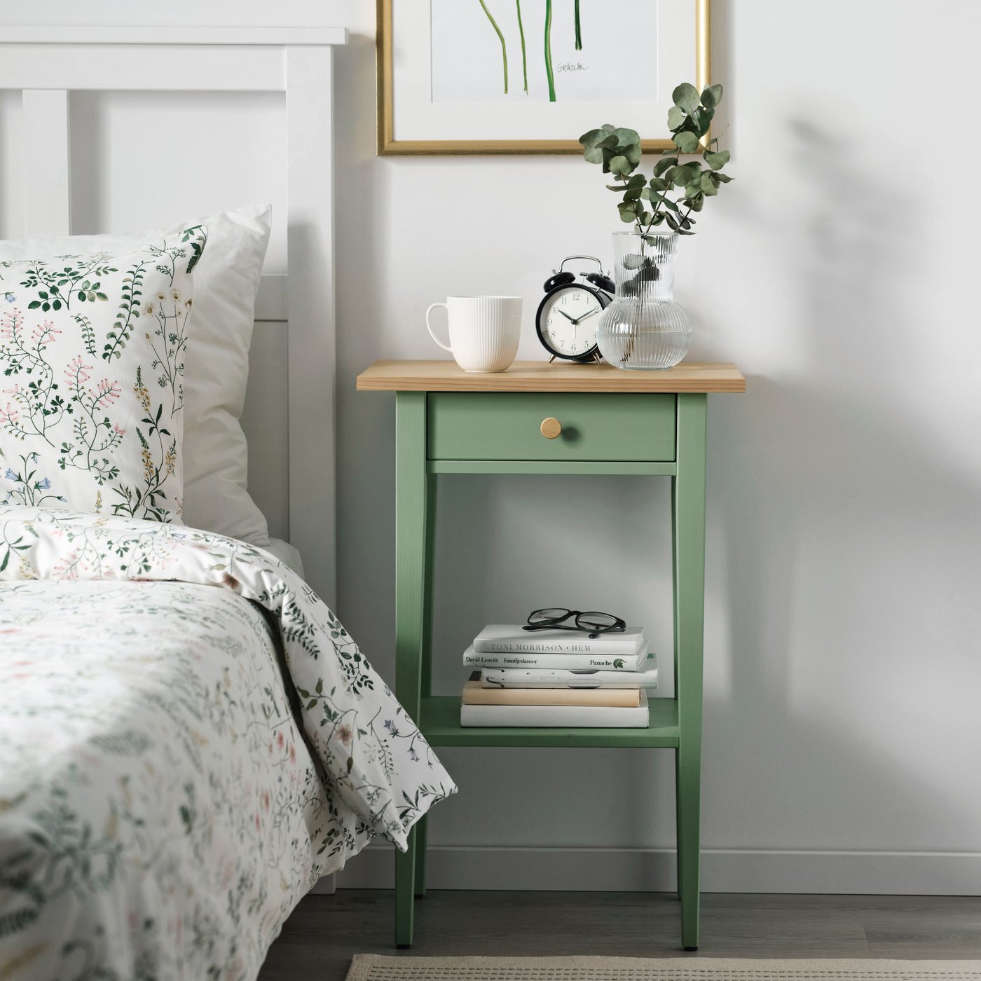 A grey-green/light brown stained HEMNES bedside table