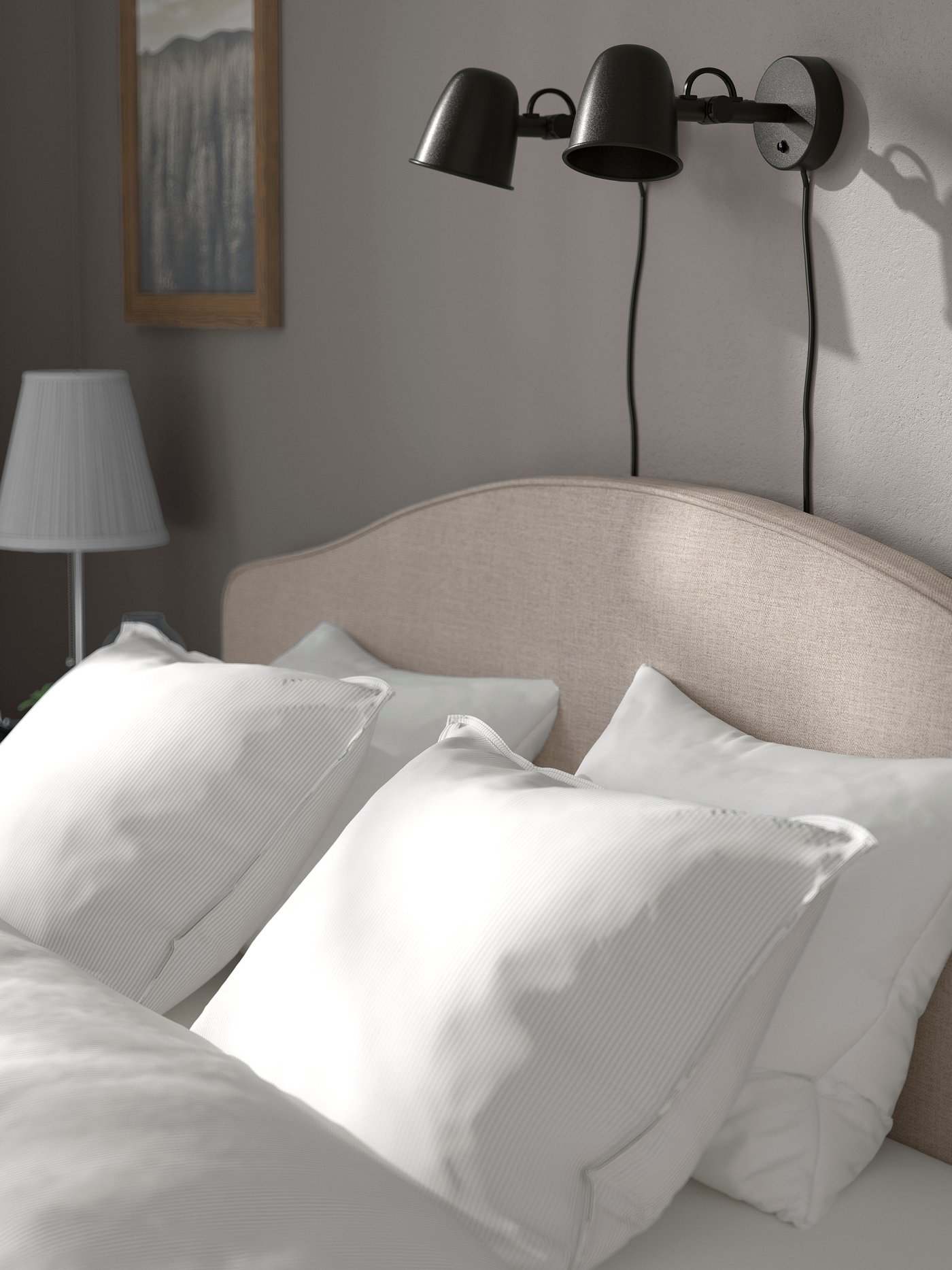 A Kilanda light beige RAMNEFJÄLL upholstered bed frame