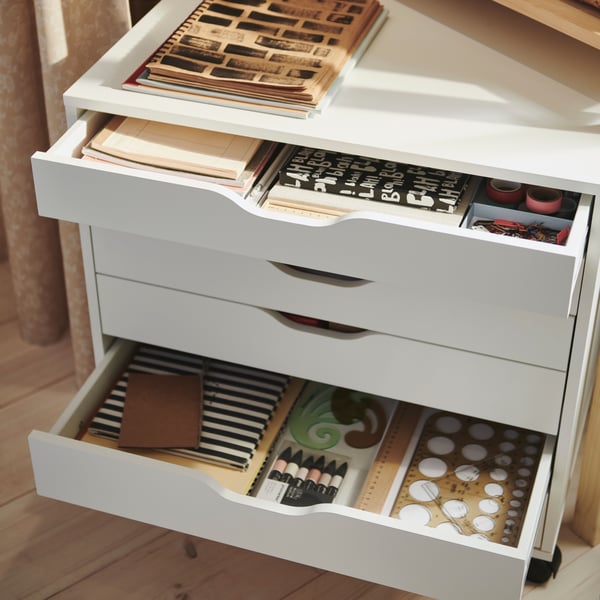 A white ALEX drawer unit on castors, with six drawers.