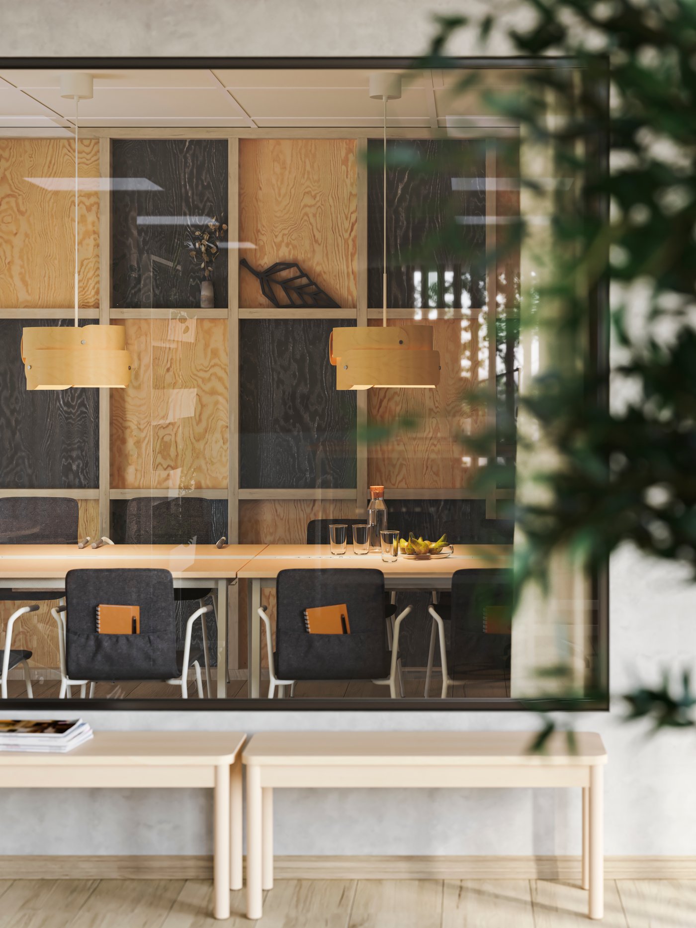 A meeting room, framed by a large window, with wooden wall panels in a chequered pattern and MITTZON sit/stand desks.