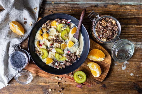 Fruity smoothie bowl with muesli